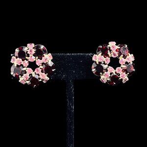 Vintage Gold Tone With Red And Pink Glass Rhinestones Wreath Clip On Earrings (5